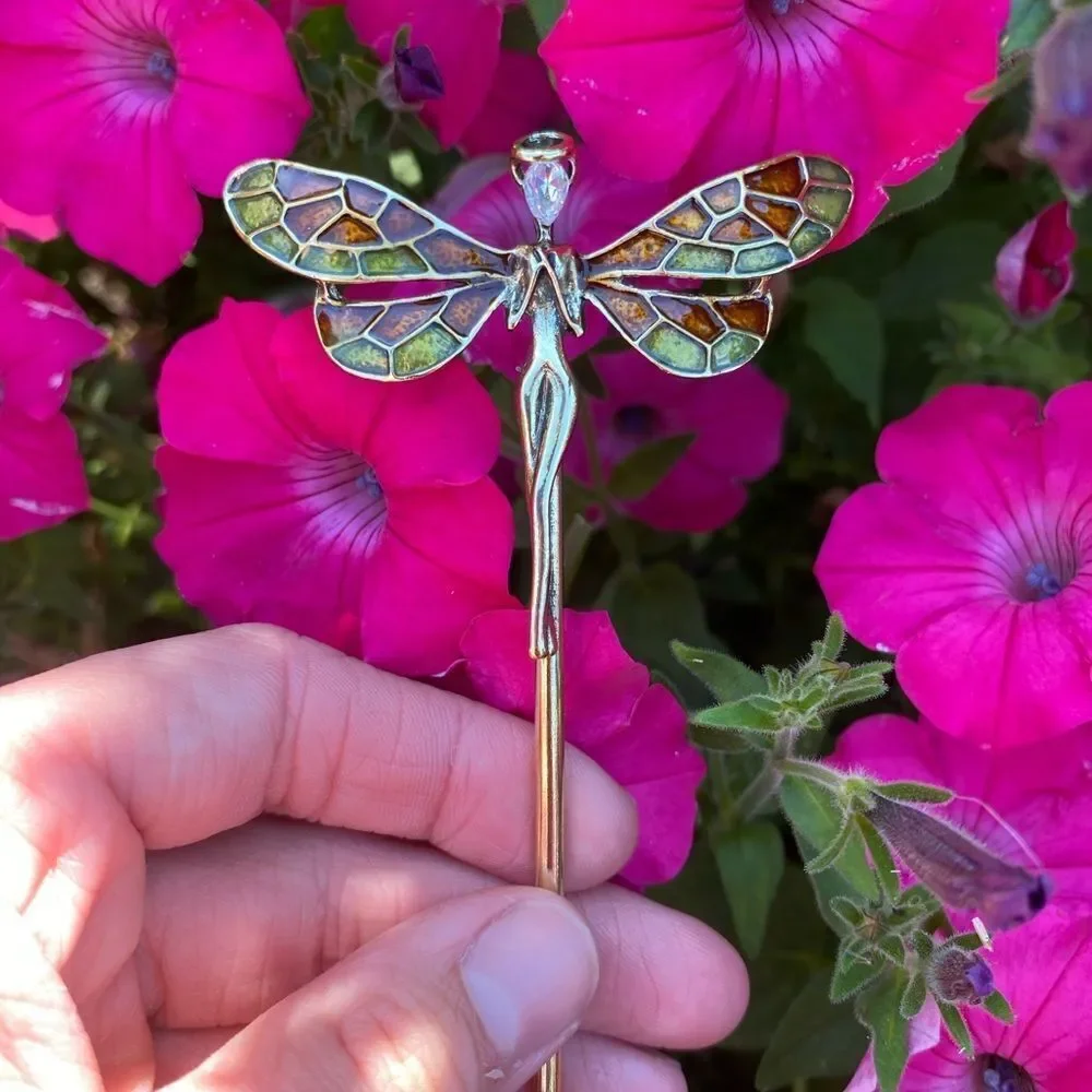 Cottagecore Fairy Goddess Hair Pin Antique Gold Tone, Muti Colored Wings,
